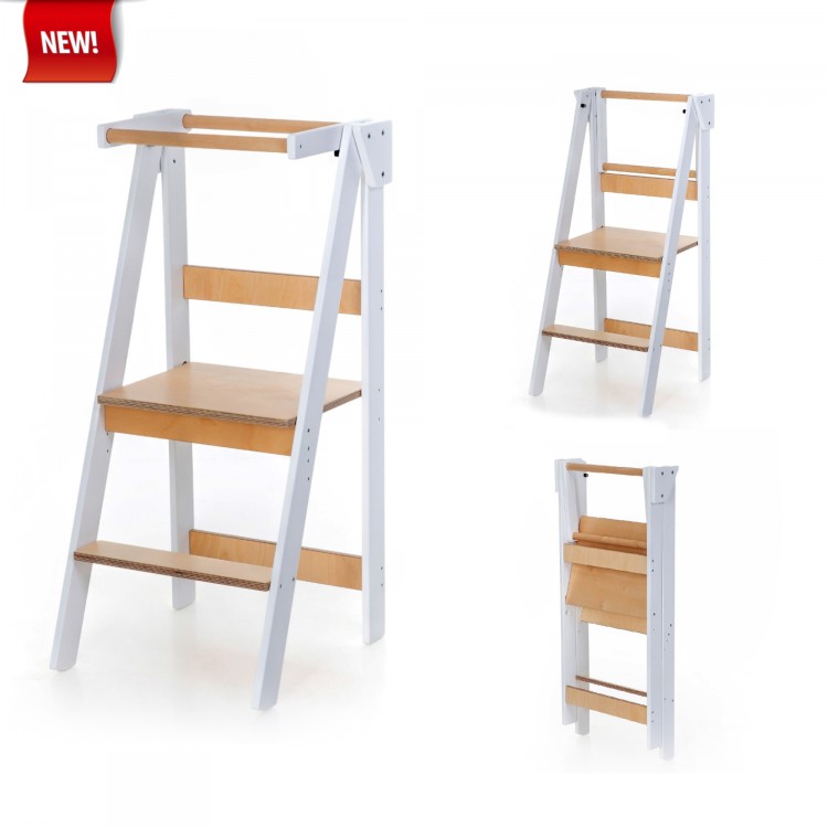 Foldable and Space Saving Kitchen Helper Tower  (White & Lacquered)
