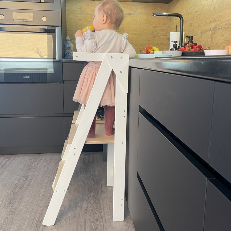 Foldable and Space Saving Kitchen Helper Tower  (White & Lacquered)