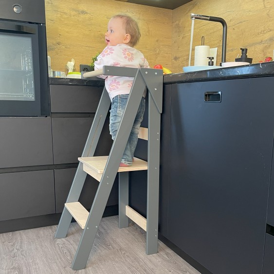 Foldable and Space Saving Kitchen Helper Tower (Anthracite Grey & Lacquered)