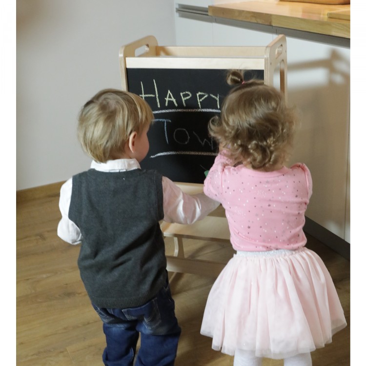Learning Tower - Table And Chair With Blackboard - All-In-One (Natural Lacquered)