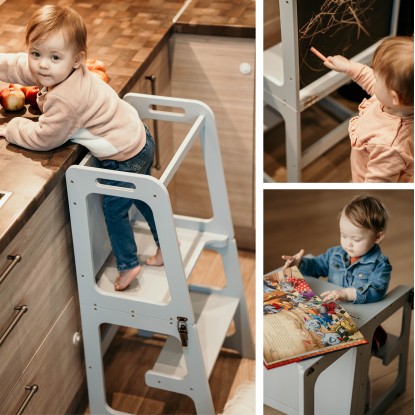 Learning Tower - Table And Chair With Blackboard - All-In-One (Gray)
