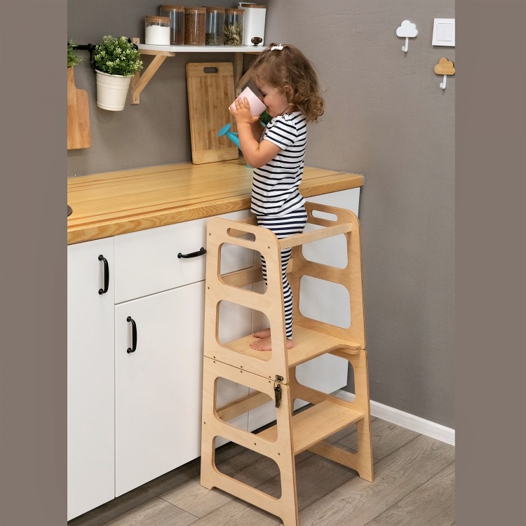 Montessori Kitchen Helper Tower - Table and Chair All-in-one (Natural lacquered)