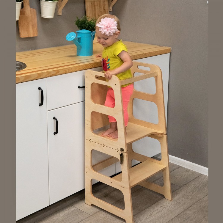 Montessori Kitchen Helper Tower - Table and Chair with blackboard All-in-one (Natural lacquered)