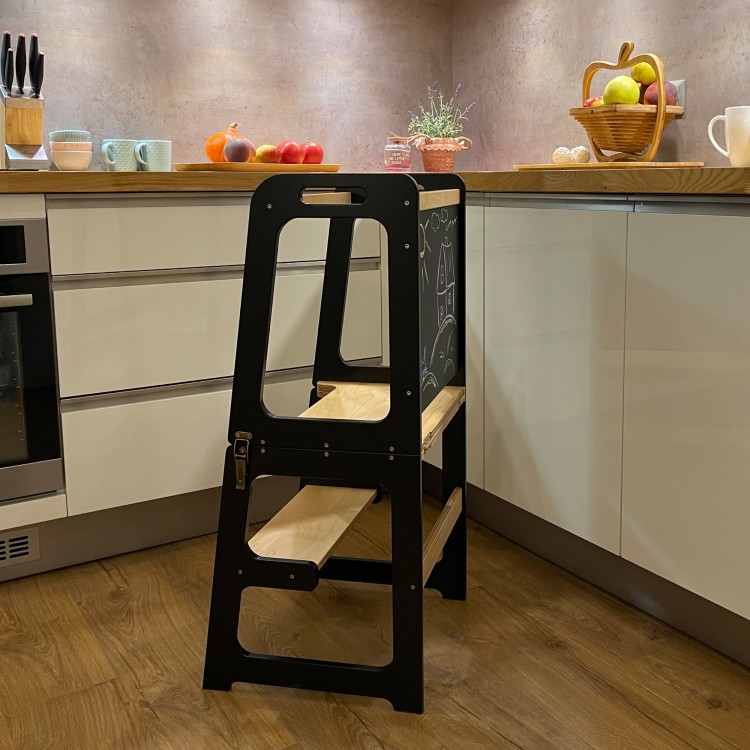 Learning Tower - Table And Chair With Blackboard - All-In-One (Black & Lacquered)