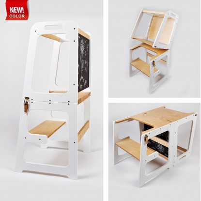 Learning Tower - Table And Chair With Blackboard - All-In-One (White & Lacquered)