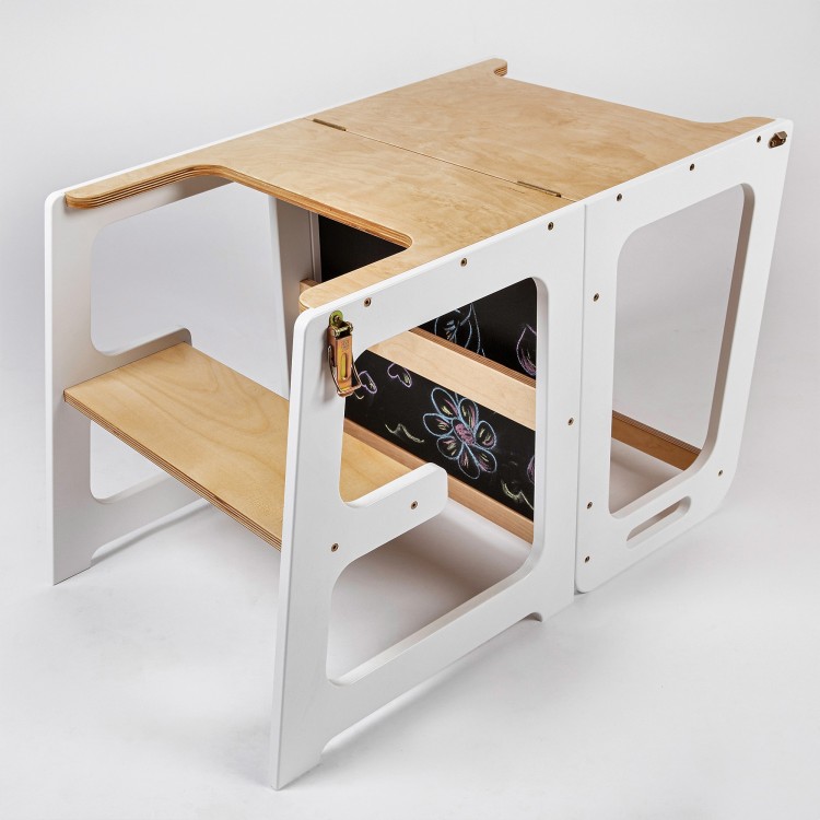 Learning Tower - Table And Chair With Blackboard - All-In-One (White & Lacquered)