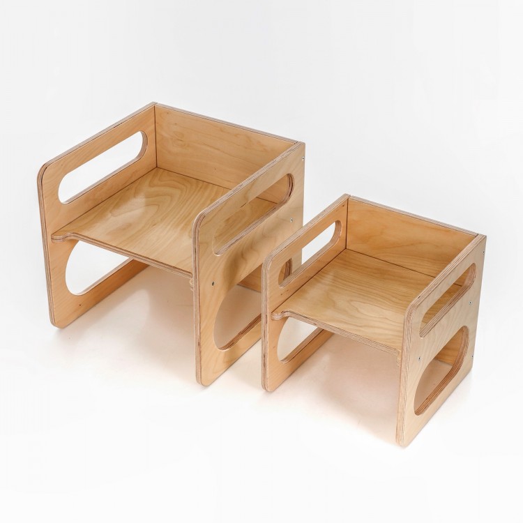 Montessori Cube Chair Set - Cube Chair and Table (Natural Lacquered)