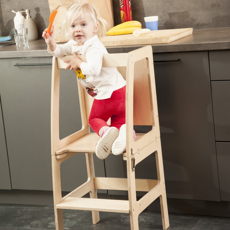 Kitchen Helper Tower - Table And Chair With Blackboard - All-In-One (Natural Lacquered)