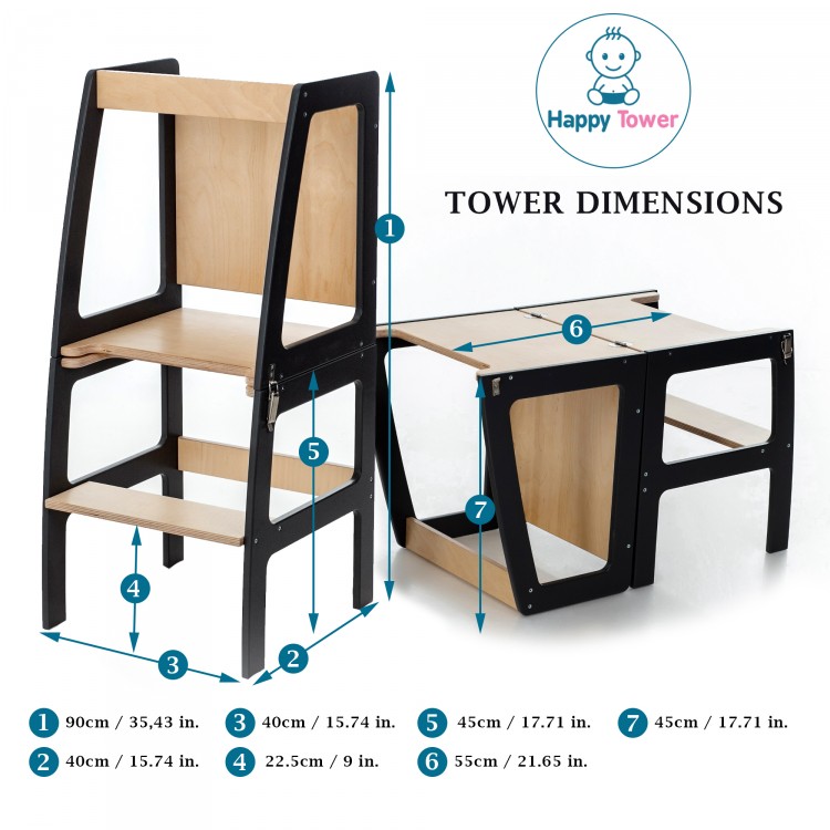 Kitchen Helper Tower - Table And Chair With Blackboard - All-In-One (Natural Lacquered)