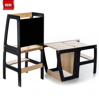 Kitchen Helper Tower - Table And Chair With Blackboard - All-In-One (Black & Lacquered)