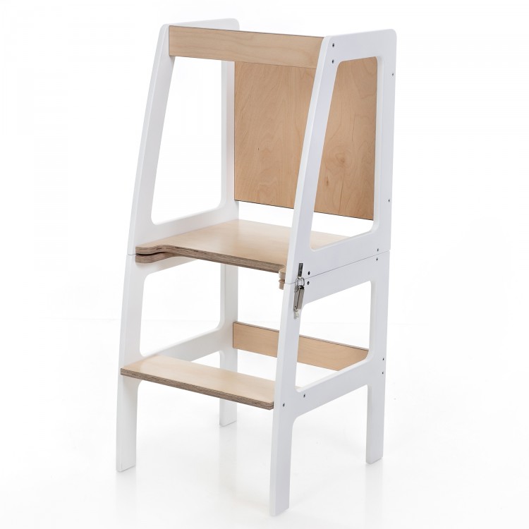 Kitchen Helper Tower - Table And Chair With Blackboard - All-In-One (White & Lacquered)