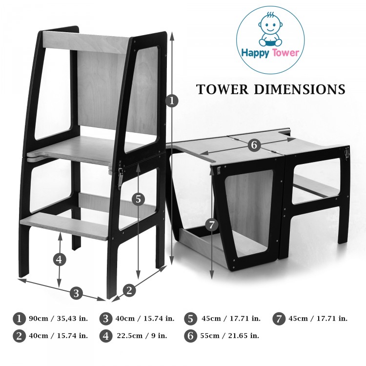 Kitchen Helper Tower - Table And Chair With Blackboard - All-In-One (White & Lacquered)