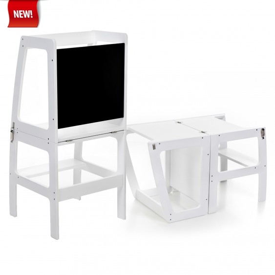Montessori Helper Tower - Table And Chair With Blackboard - All-In-One (White)