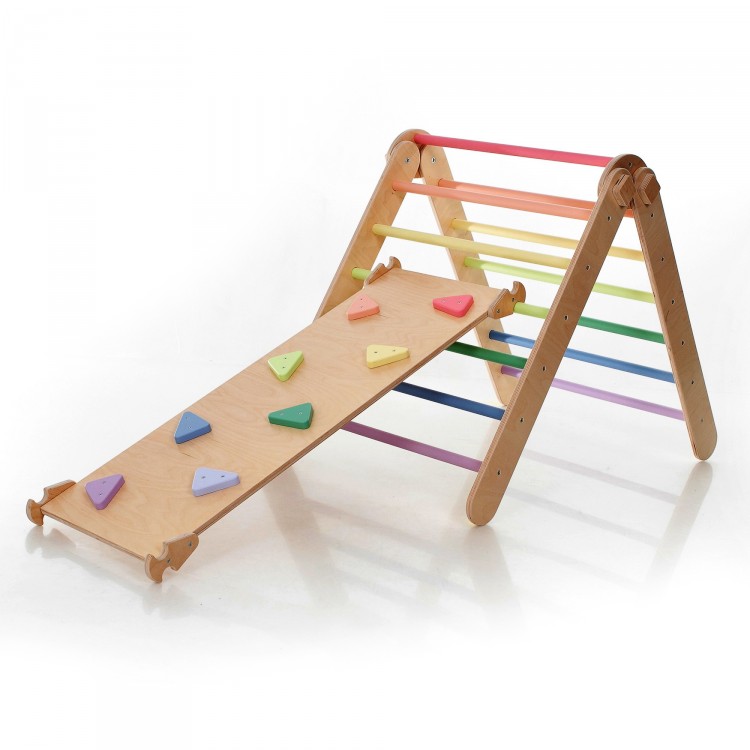 Adjustable Climbing Triangle with Ramp & Slide (Natural Lacquered frame + Pastel rainbow color bars and ramp steps)