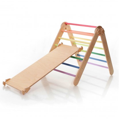 Adjustable Climbing Triangle with Ramp & Slide (Natural Lacquered frame + Pastel rainbow color bars and ramp steps)