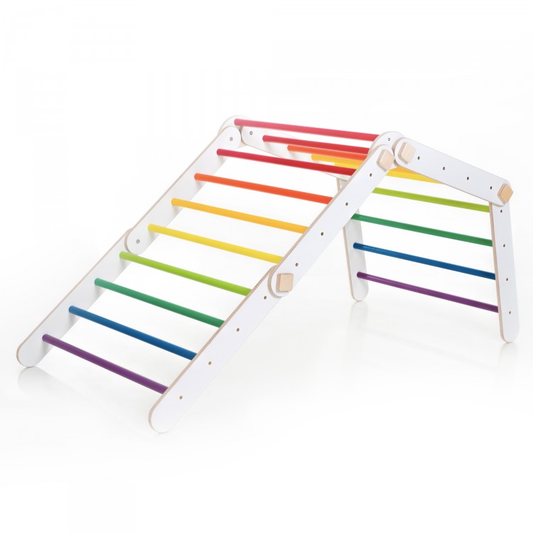 XXL Transformable Climbing Triangle with Ramp & Slide (White frame + Rainbow Color Bars And Ramp Steps)