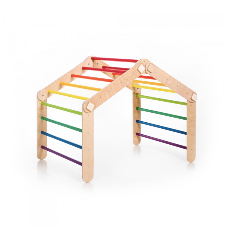 XXL Transformable Climbing Triangle with Ramp & Slide (Natural Lacquered frame + Rainbow Color Bars And Ramp Steps)