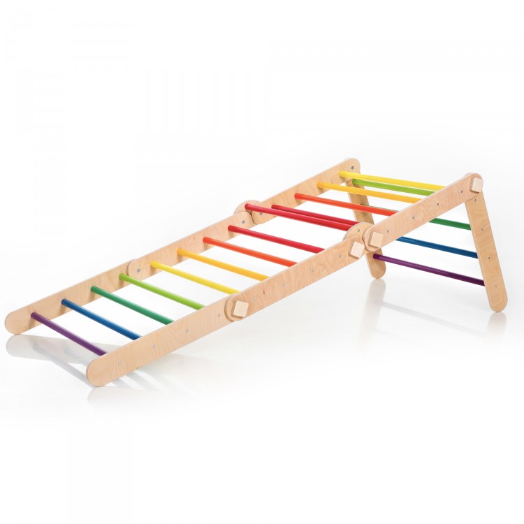 XXL Transformable Climbing Triangle with Ramp & Slide (Natural Lacquered frame + Rainbow Color Bars And Ramp Steps)