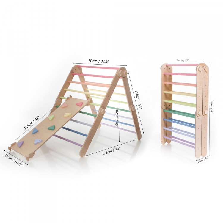 XXL Transformable Climbing Triangle with Ramp & Slide (Natural Lacquered frame + Pastel rainbow color bars and ramp steps)