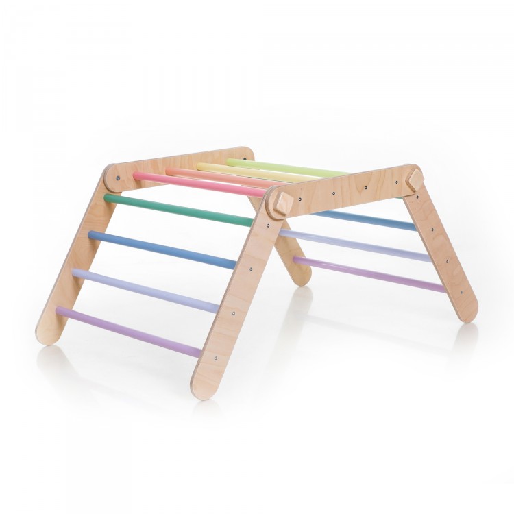 XXL Transformable Climbing Triangle with Ramp & Slide (Natural Lacquered frame + Pastel rainbow color bars and ramp steps)