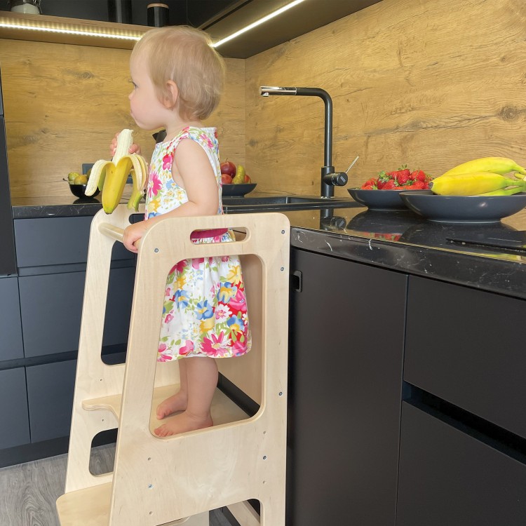 Kitchen helper tower with blackboard and Adjustable Height  - Natural Lacquered