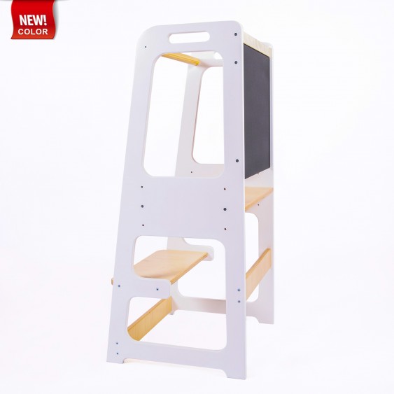 Kitchen Helper Tower With Blackboard And Adjustable Height - White & Lacquered